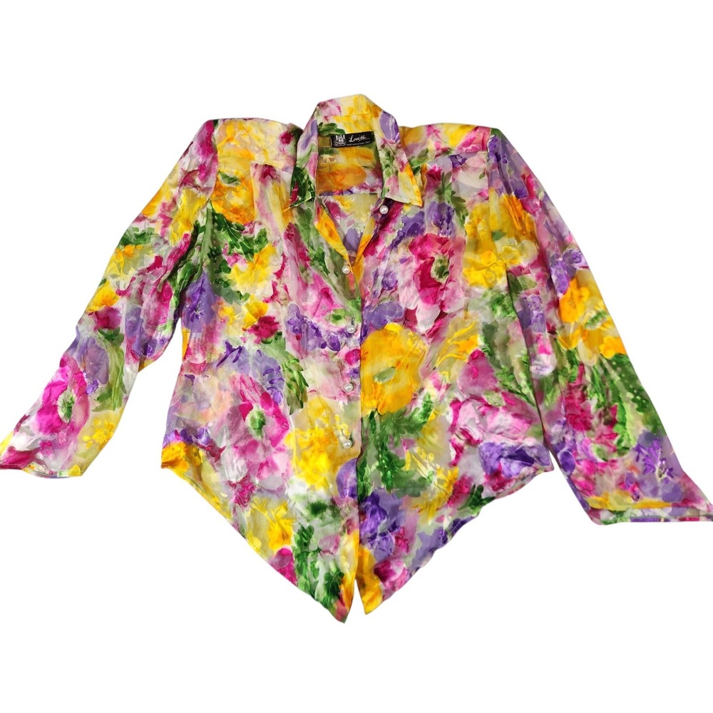 Louise Positano Blouse Med Multicolor Floral Silk Blend Burnout Made Italy sheer